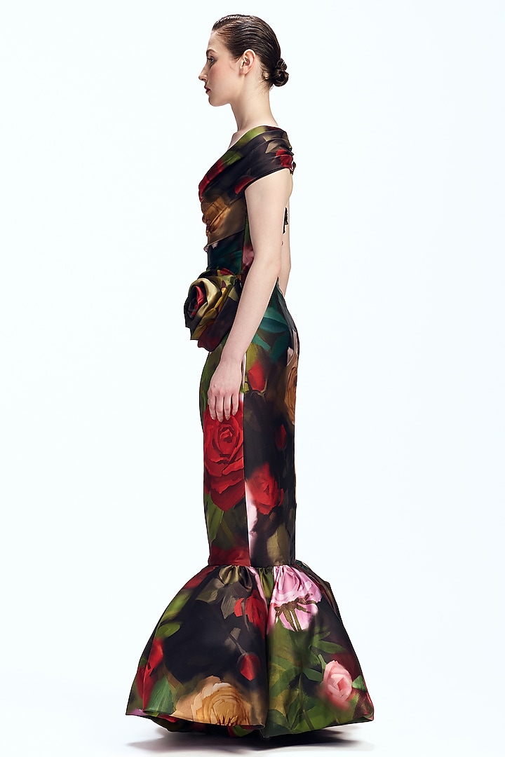 Multi-Colored Mikado Floral Printed Off-Shoulder Wedding Gown by Gauri And Nainika at Pernia's Pop Up Shop