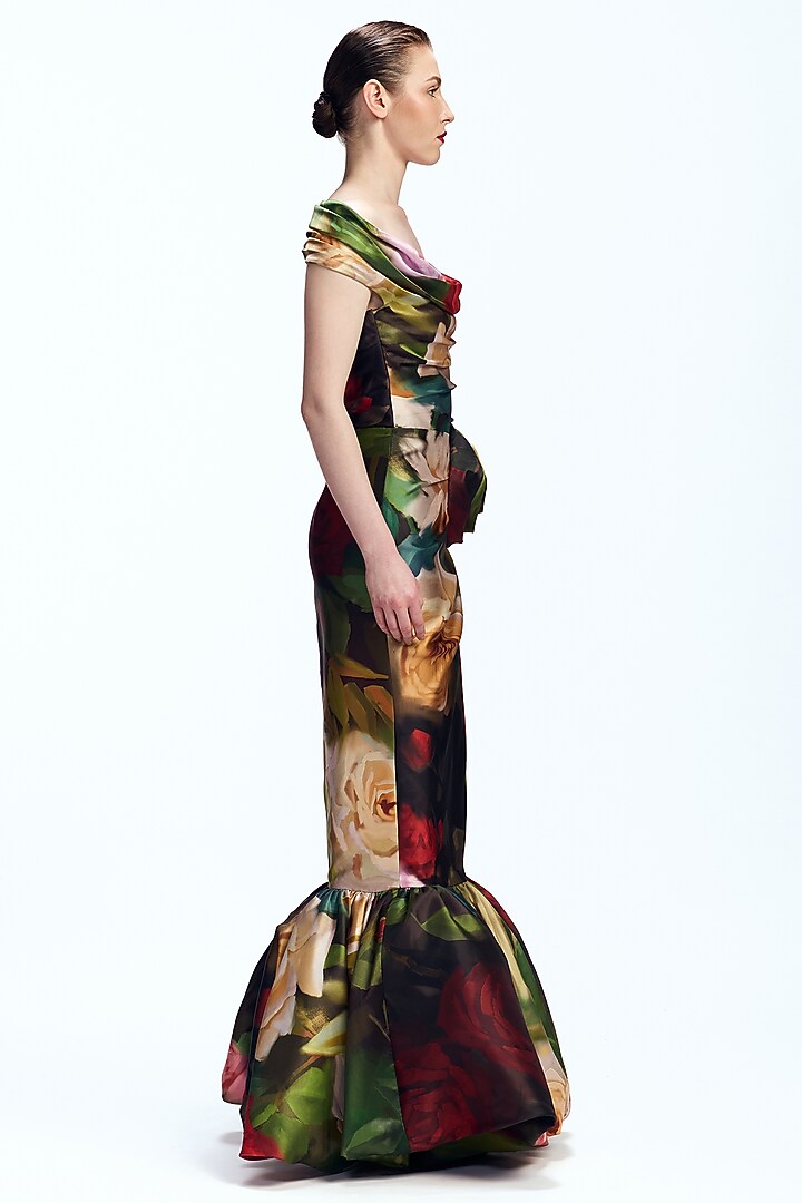 Multi-Colored Mikado Floral Printed Off-Shoulder Wedding Gown by Gauri And Nainika at Pernia's Pop Up Shop