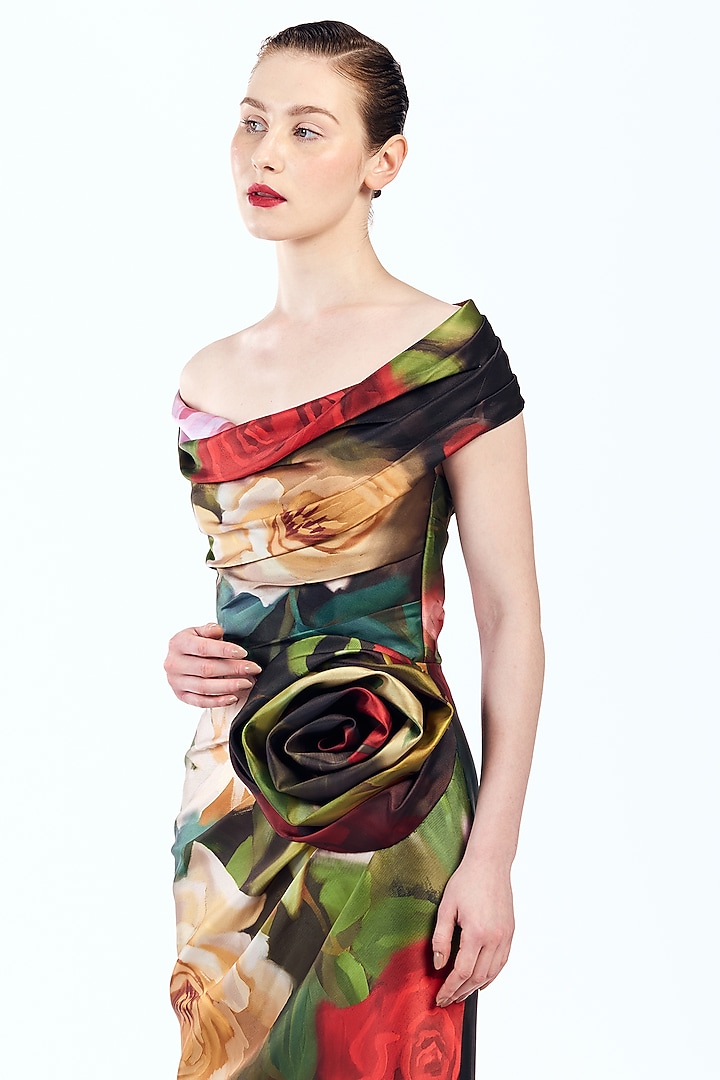 Multi-Colored Mikado Floral Printed Off-Shoulder Wedding Gown by Gauri And Nainika at Pernia's Pop Up Shop