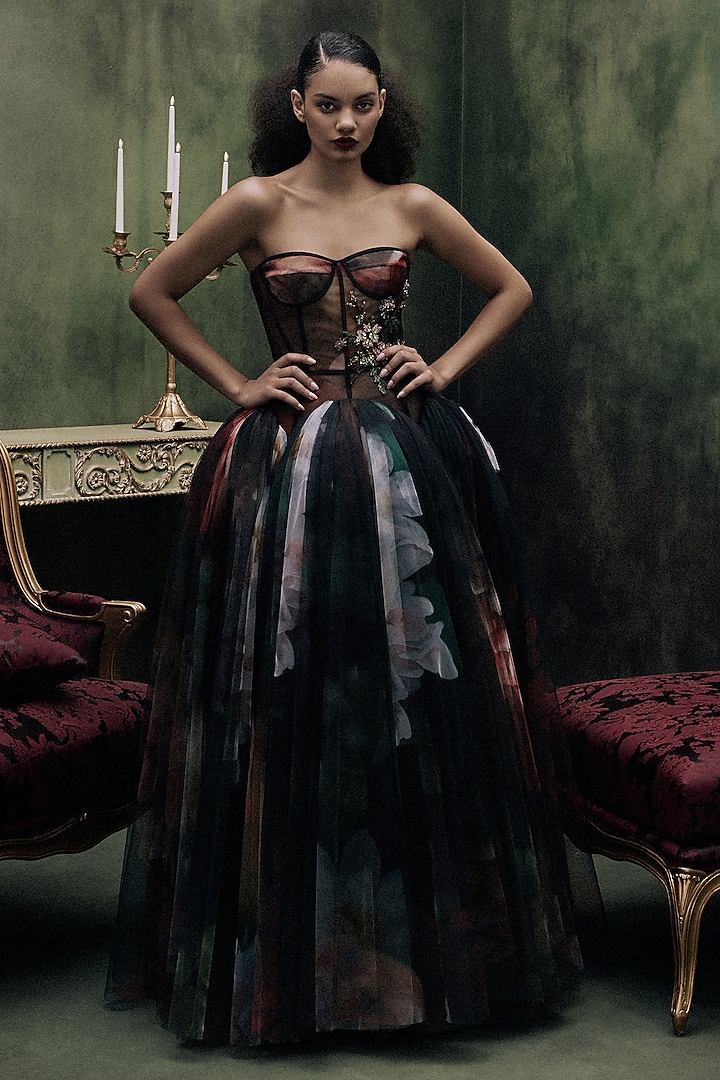 Multi-Colored Tulle Corseted Party Wear Dress by Gauri And Nainika at Pernia's Pop Up Shop