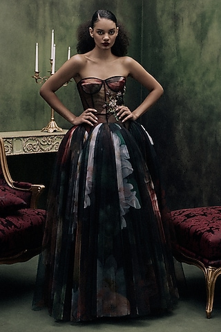 Multi-Colored Tulle Corseted Dress by Gauri And Nainika