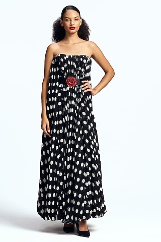 Black Chiffon Polka Dot Printed Strapless Balloon Dress by Gauri And Nainika