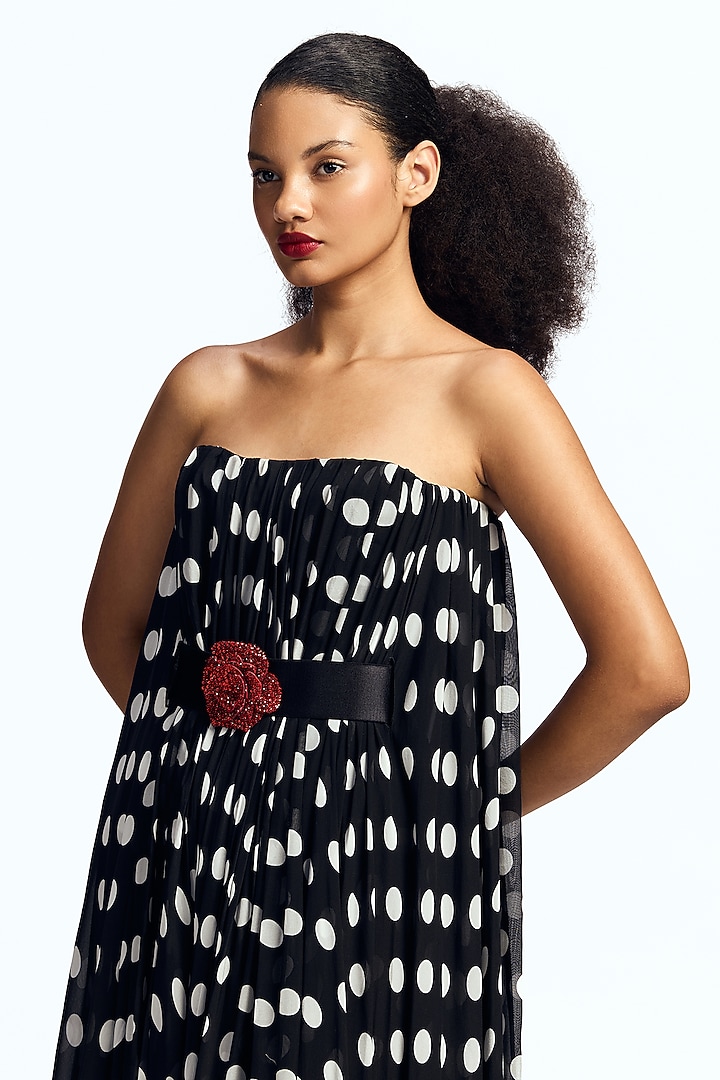 Black Chiffon Polka Dot Printed Strapless Balloon Party Wear Dress by Gauri And Nainika at Pernia's Pop Up Shop