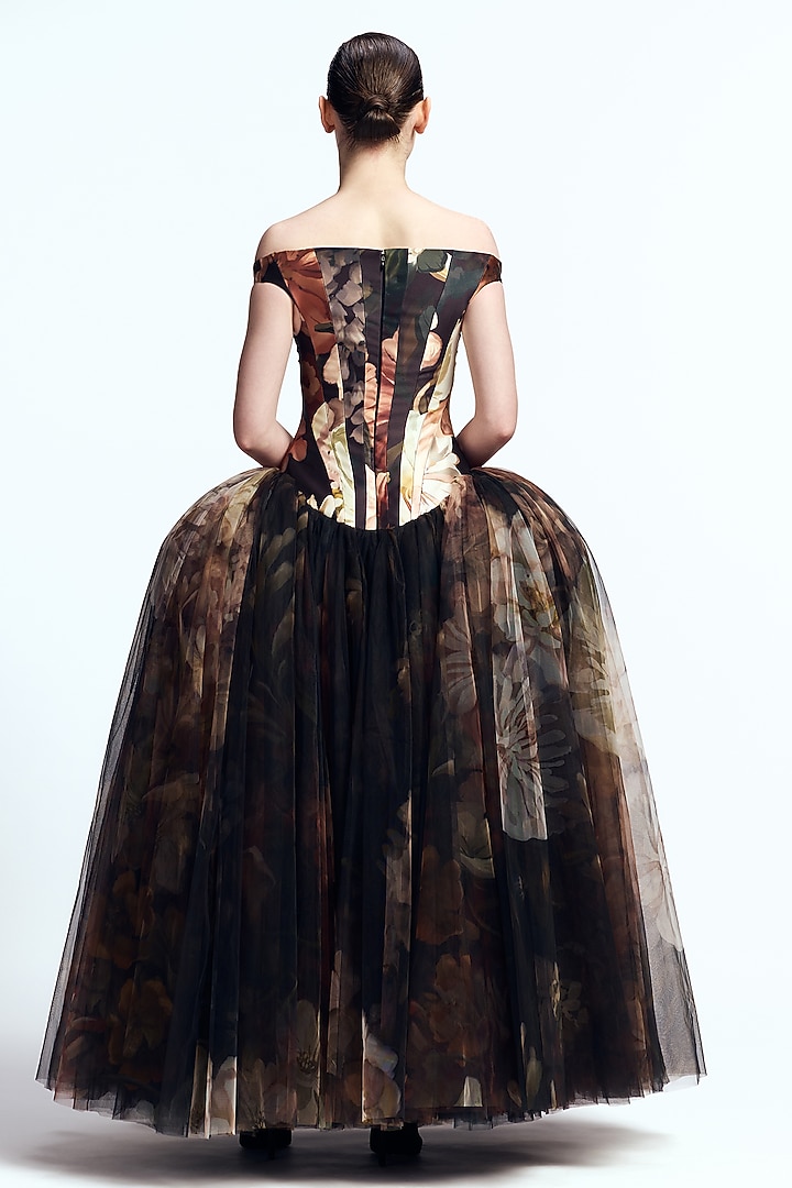 Multi-Colored Mikado Off-Shoulder Corseted Party Wear Dress by Gauri And Nainika at Pernia's Pop Up Shop