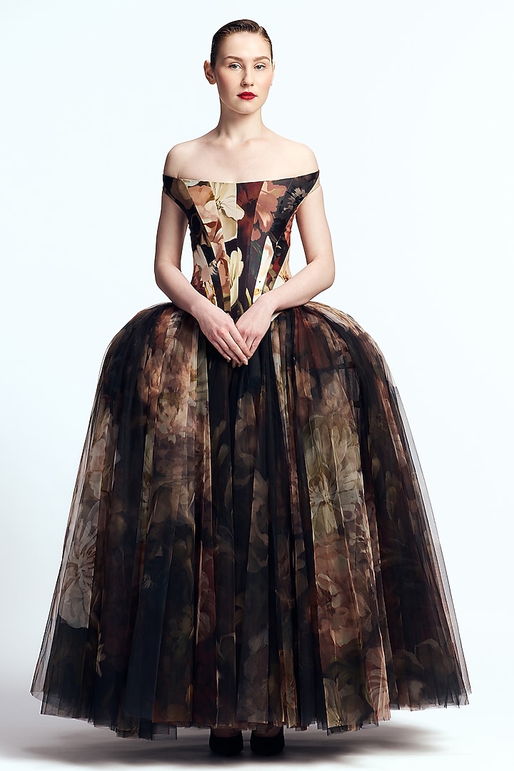 Multi-Colored Mikado Off-Shoulder Corseted Party Wear Dress by Gauri And Nainika at Pernia's Pop Up Shop