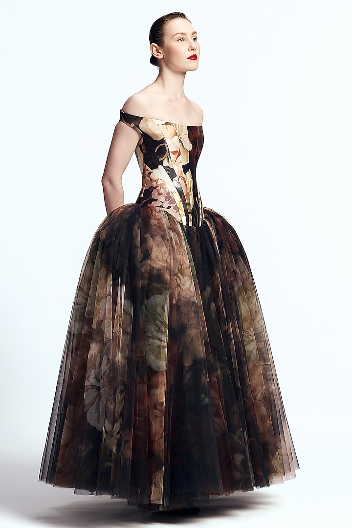Multi-Colored Mikado Off-Shoulder Corseted Party Wear Dress by Gauri And Nainika at Pernia's Pop Up Shop