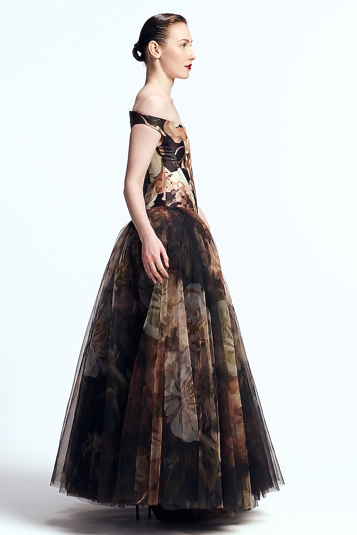 Multi-Colored Mikado Off-Shoulder Corseted Party Wear Dress by Gauri And Nainika at Pernia's Pop Up Shop