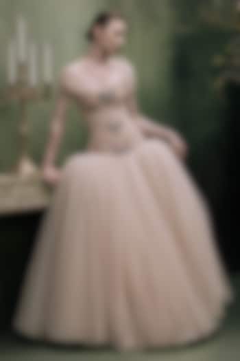 Peach Tulle Crystal Embellished Off-Shoulder Party Wear Dress by Gauri And Nainika at Pernia's Pop Up Shop