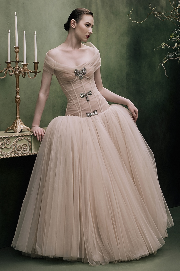 Peach Tulle Crystal Embellished Off-Shoulder Party Wear Dress by Gauri And Nainika at Pernia's Pop Up Shop