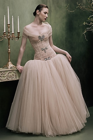 Peach Tulle Crystal Embellished Off-Shoulder Dress by Gauri And Nainika