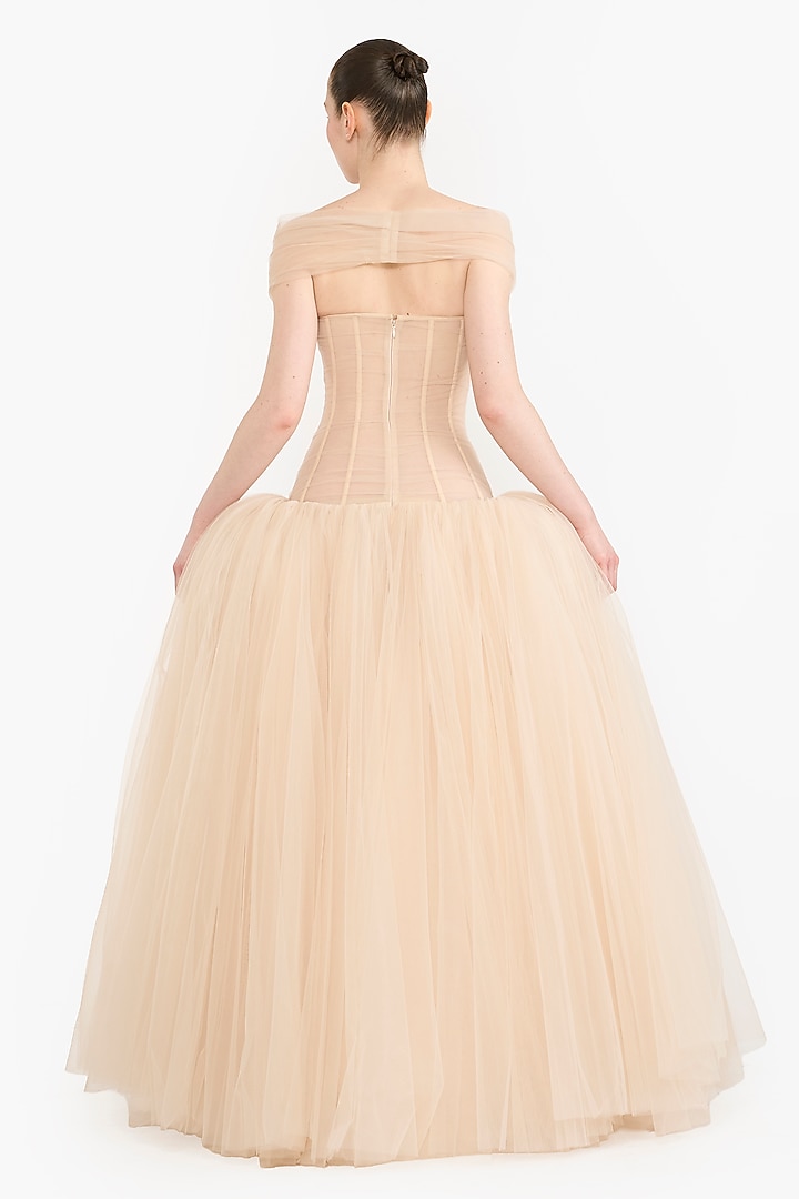 Peach Tulle Crystal Embellished Off-Shoulder Party Wear Dress by Gauri And Nainika at Pernia's Pop Up Shop