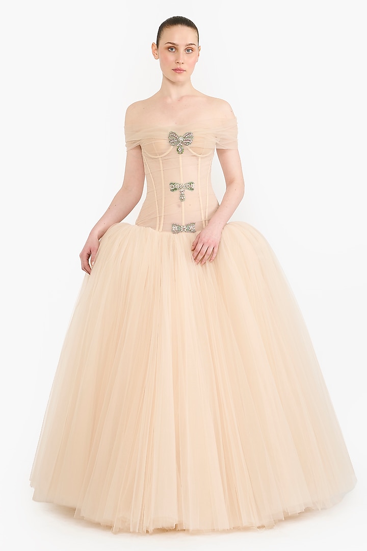 Peach Tulle Crystal Embellished Off-Shoulder Party Wear Dress by Gauri And Nainika at Pernia's Pop Up Shop