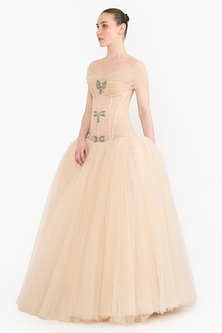 Peach Tulle Crystal Embellished Off-Shoulder Party Wear Dress by Gauri And Nainika at Pernia's Pop Up Shop