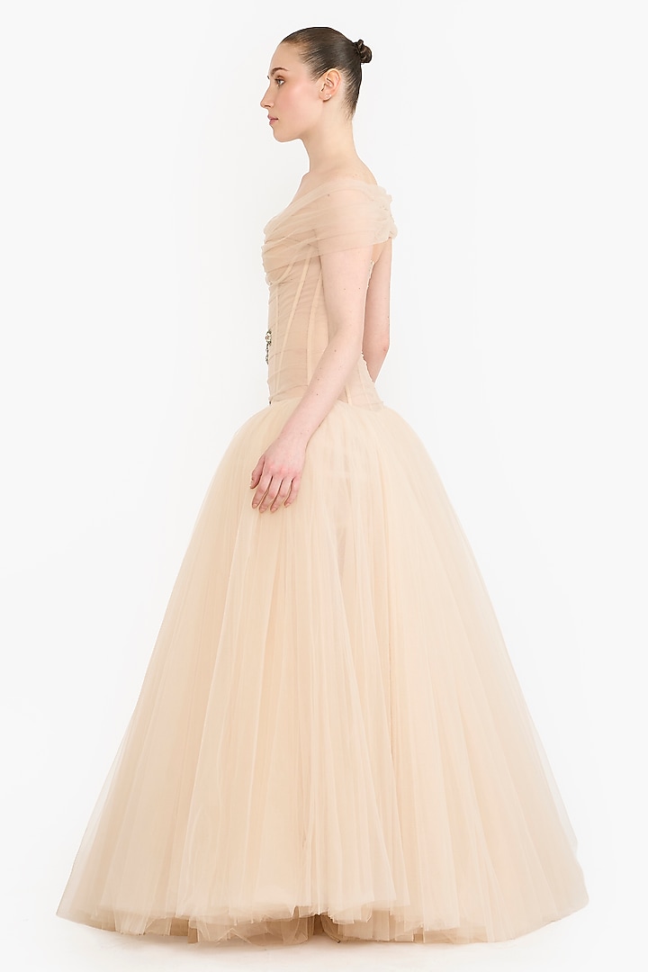 Peach Tulle Crystal Embellished Off-Shoulder Party Wear Dress by Gauri And Nainika at Pernia's Pop Up Shop