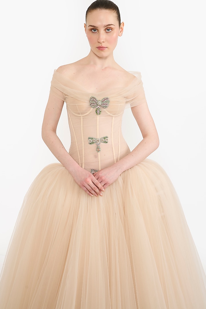 Peach Tulle Crystal Embellished Off-Shoulder Party Wear Dress by Gauri And Nainika at Pernia's Pop Up Shop