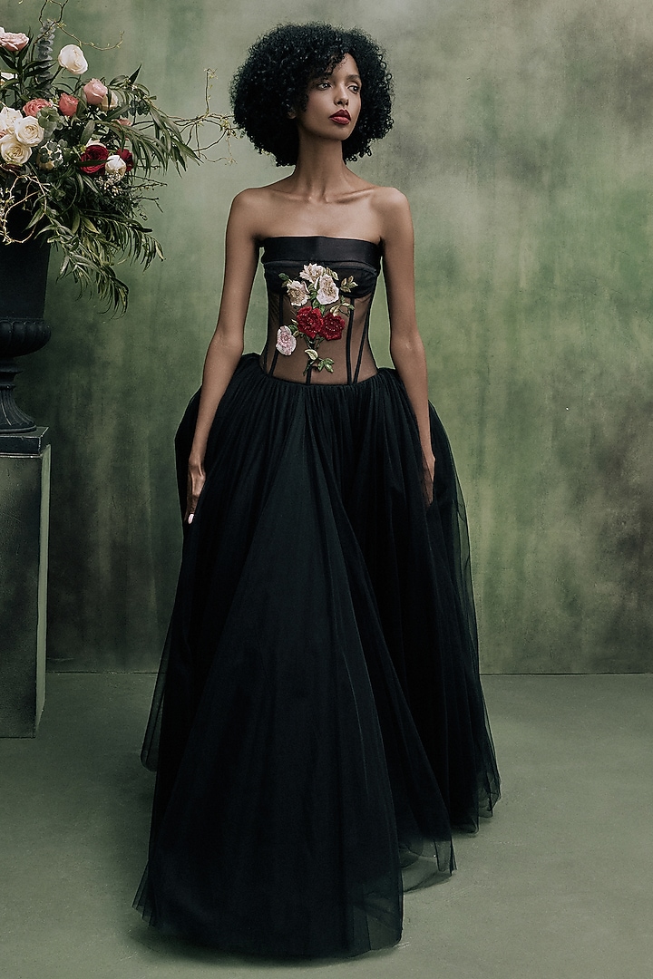 Black Tulle Floral Embroidered Corset Party Wear Dress by Gauri And Nainika at Pernia's Pop Up Shop