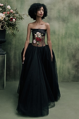 Black Tulle Floral Embroidered Corset Dress by Gauri And Nainika