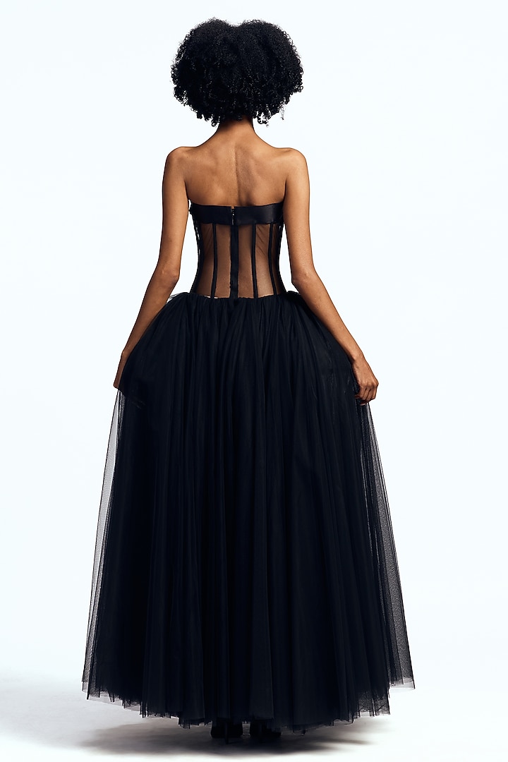 Black Tulle Floral Embroidered Corset Party Wear Dress by Gauri And Nainika at Pernia's Pop Up Shop