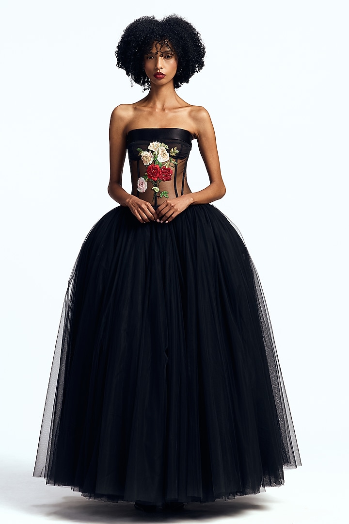 Black Tulle Floral Embroidered Corset Party Wear Dress by Gauri And Nainika at Pernia's Pop Up Shop