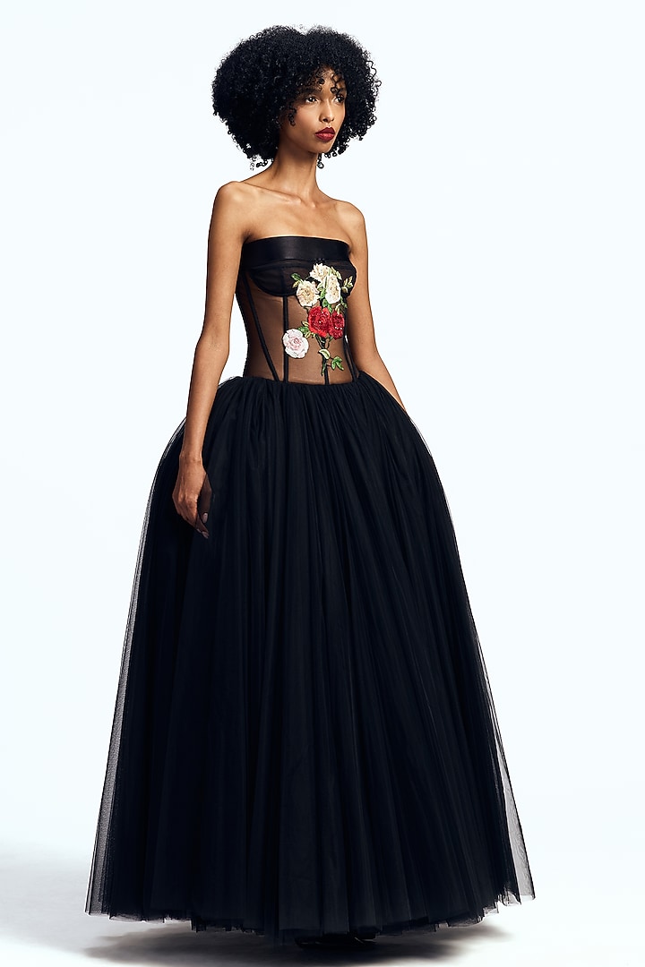 Black Tulle Floral Embroidered Corset Party Wear Dress by Gauri And Nainika at Pernia's Pop Up Shop