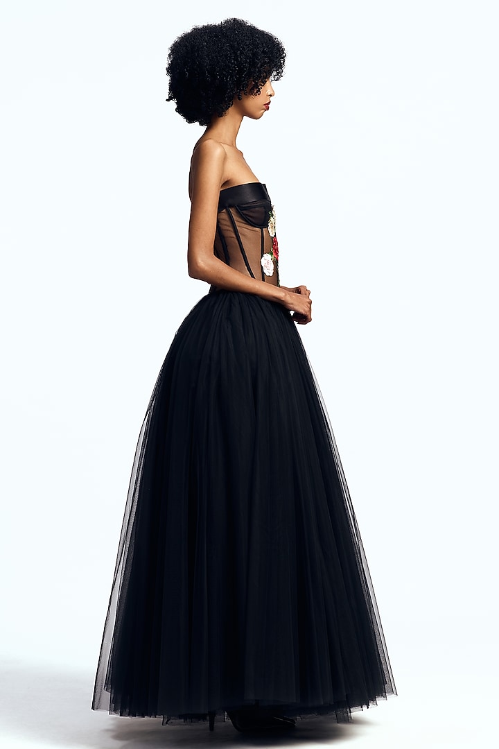 Black Tulle Floral Embroidered Corset Party Wear Dress by Gauri And Nainika at Pernia's Pop Up Shop