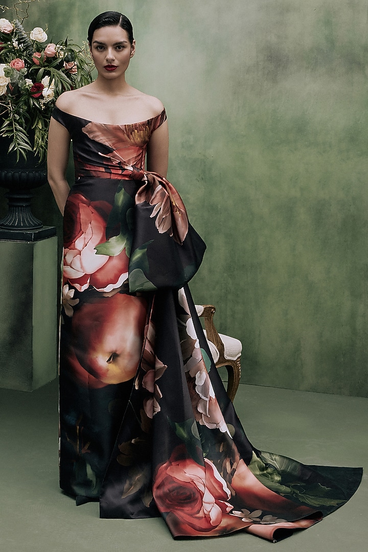 Multi-Colored Mikado Printed Draped Off-Shoulder Bridal Gown by Gauri and Nainika at Pernia's Pop Up Shop