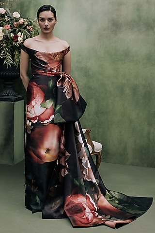 Multi-Colored Mikado Printed Draped Off-Shoulder Gown by Gauri and Nainika
