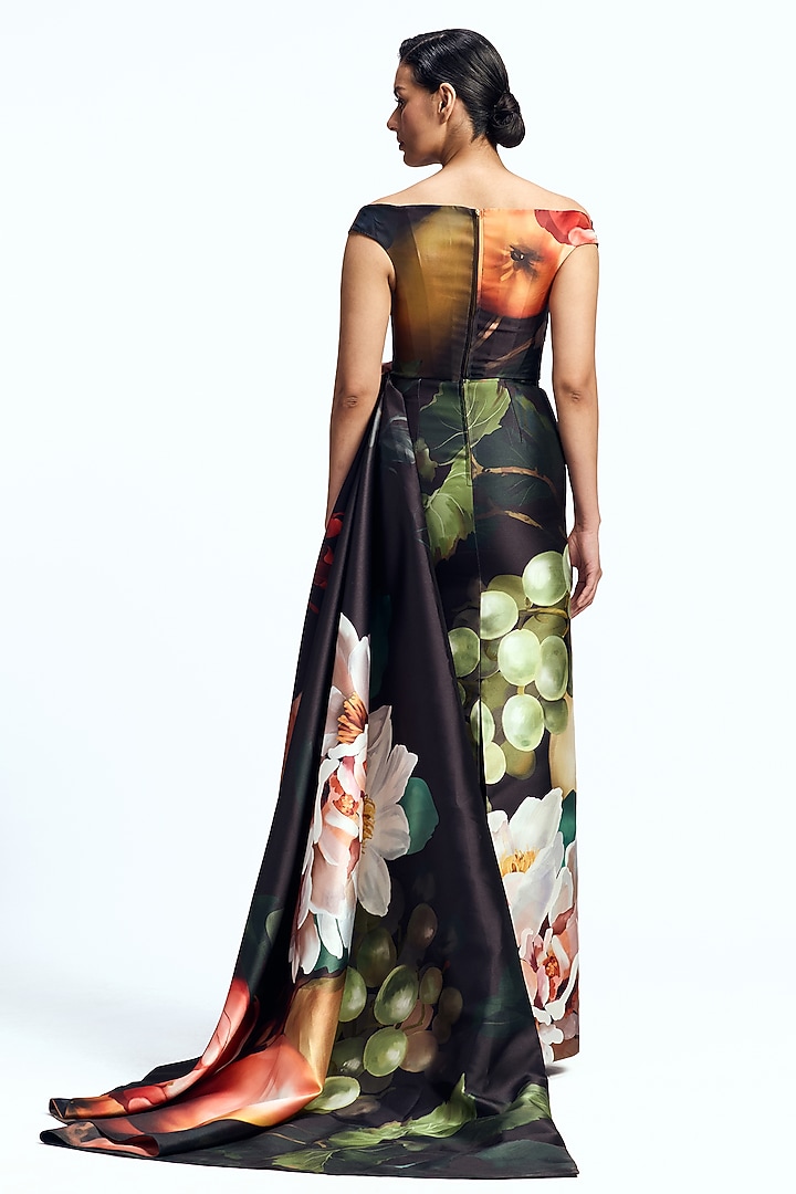 Multi-Colored Mikado Printed Draped Off-Shoulder Bridal Gown by Gauri and Nainika at Pernia's Pop Up Shop