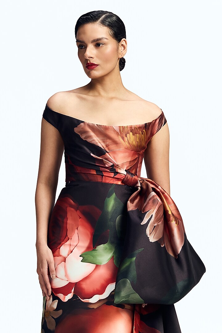 Multi-Colored Mikado Printed Draped Off-Shoulder Bridal Gown by Gauri and Nainika at Pernia's Pop Up Shop