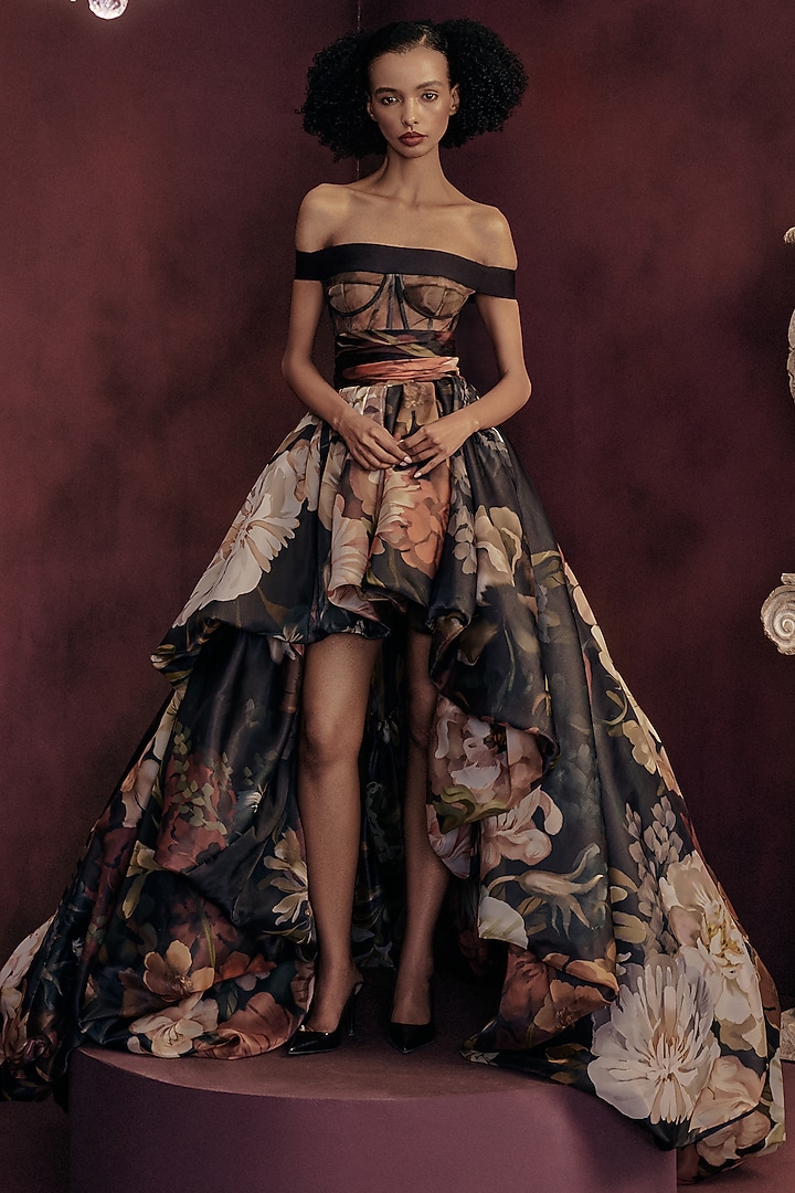 Multi-Colored Organza Floral Printed High-Low Balloon Bridal Gown by Gauri and Nainika at Pernia's Pop Up Shop