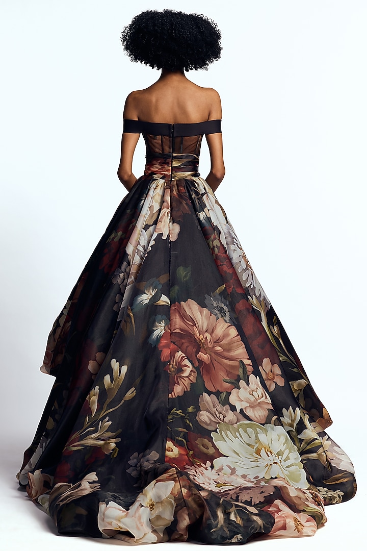 Multi-Colored Organza Floral Printed High-Low Balloon Bridal Gown by Gauri and Nainika at Pernia's Pop Up Shop