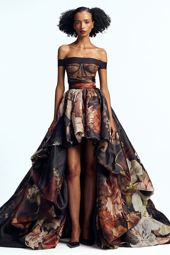 Multi-Colored Organza Floral Printed High-Low Balloon Bridal Gown by Gauri and Nainika at Pernia's Pop Up Shop