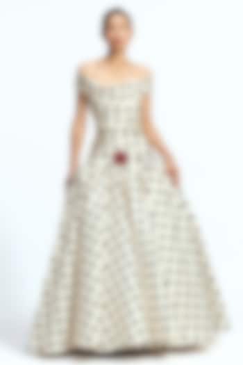Ivory & Black Mikado Hand Embroidered Off-Shoulder Bridal Gown by Gauri and Nainika at Pernia's Pop Up Shop