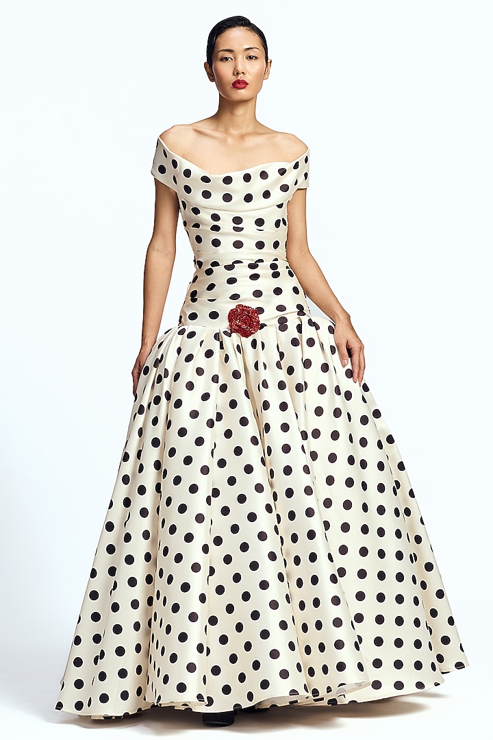 Ivory & Black Mikado Hand Embroidered Off-Shoulder Bridal Gown by Gauri and Nainika at Pernia's Pop Up Shop