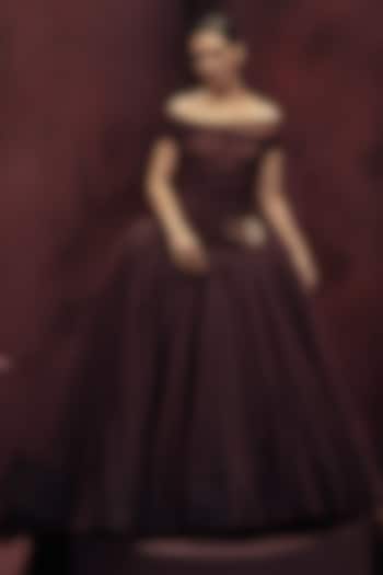 Burgundy Tulle Crystal Embroidered Off-Shoulder Draped Bridal Gown by Gauri and Nainika at Pernia's Pop Up Shop