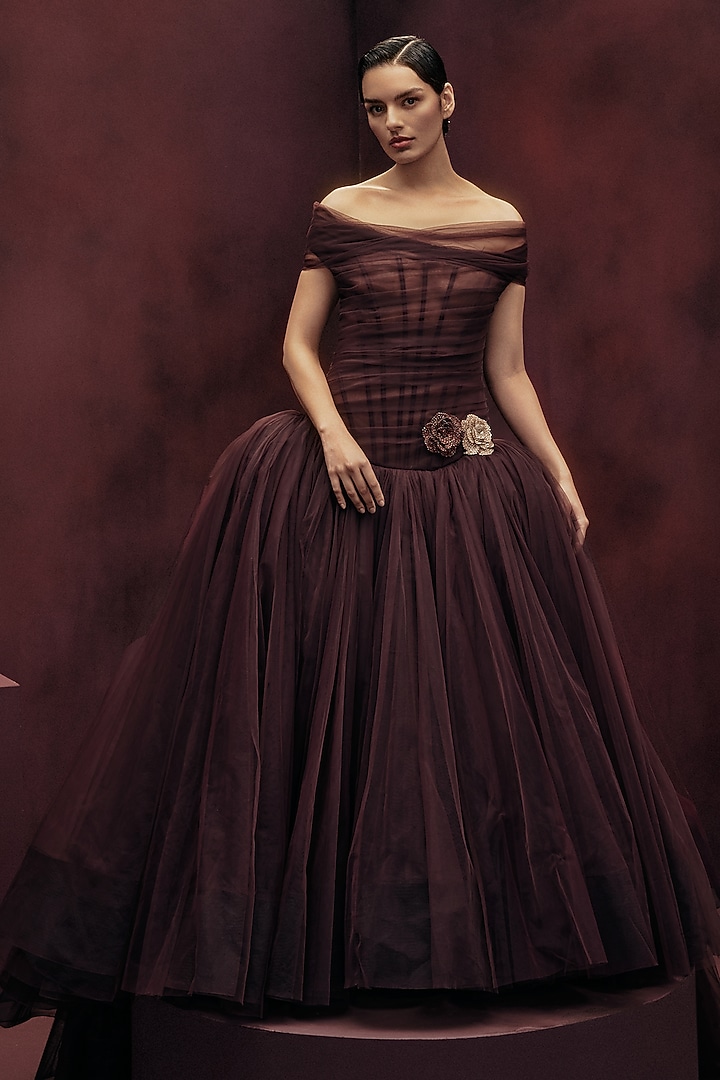 Burgundy Tulle Crystal Embroidered Off-Shoulder Draped Bridal Gown by Gauri and Nainika at Pernia's Pop Up Shop