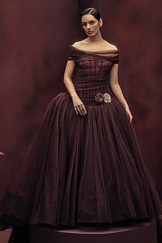 Burgundy Tulle Crystal Embroidered Off-Shoulder Draped Gown by Gauri and Nainika
