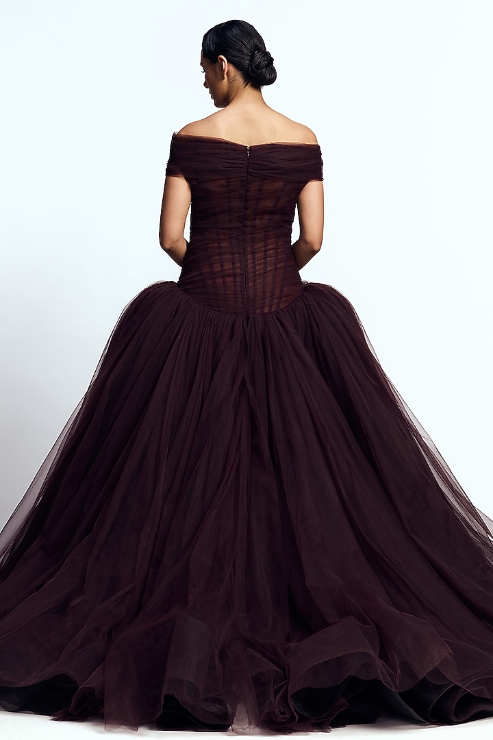 Burgundy Tulle Crystal Embroidered Off-Shoulder Draped Bridal Gown by Gauri and Nainika at Pernia's Pop Up Shop