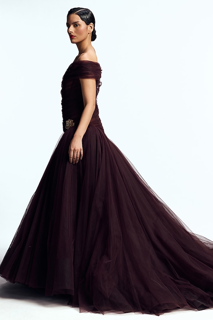 Burgundy Tulle Crystal Embroidered Off-Shoulder Draped Bridal Gown by Gauri and Nainika at Pernia's Pop Up Shop