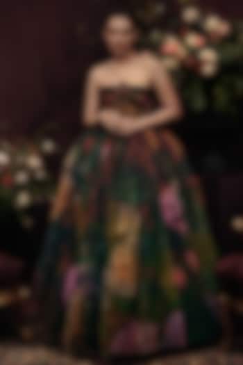 Green & Red Tulle Floral Embroidered Corseted Maxi Party Wear Dress by Gauri and Nainika at Pernia's Pop Up Shop