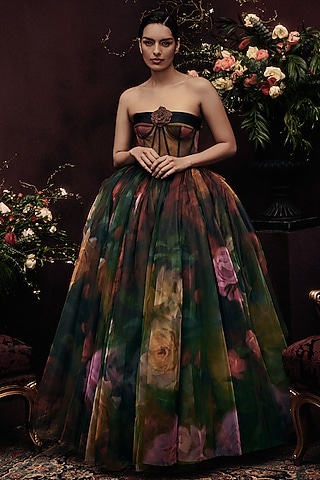 Green & Red Tulle Floral Embroidered Corseted Maxi Dress by Gauri and Nainika