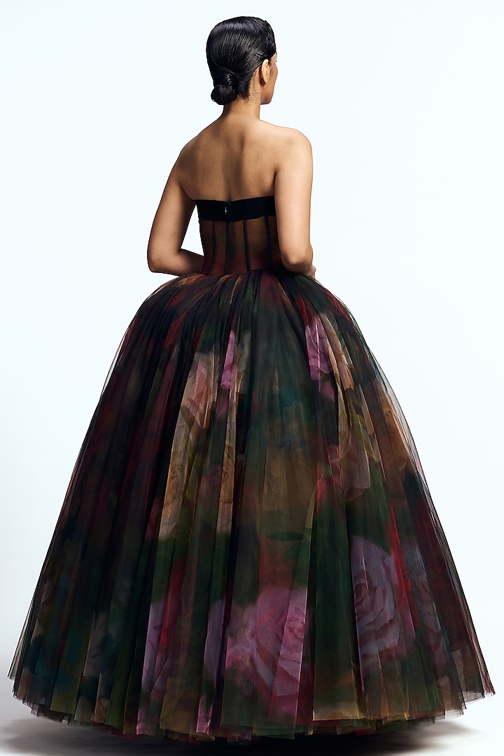 Green & Red Tulle Floral Embroidered Corseted Maxi Party Wear Dress by Gauri and Nainika at Pernia's Pop Up Shop