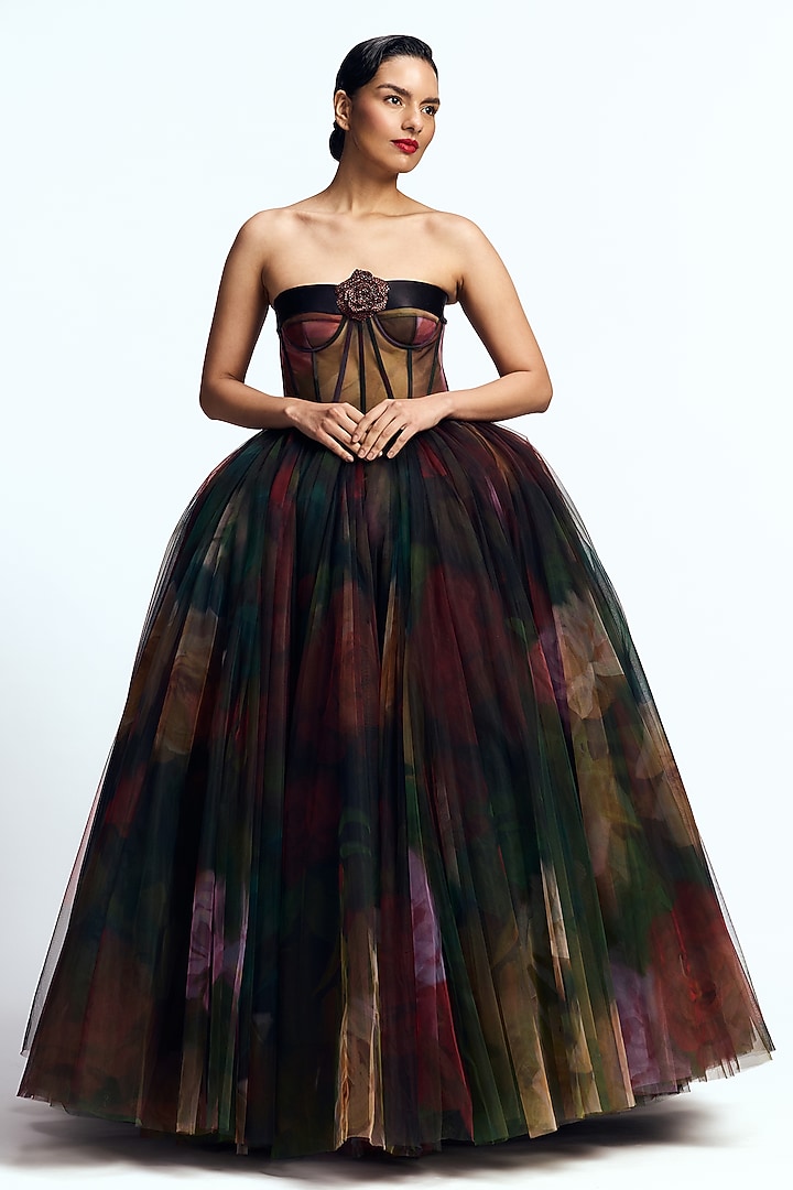 Green & Red Tulle Floral Embroidered Corseted Maxi Party Wear Dress by Gauri and Nainika at Pernia's Pop Up Shop