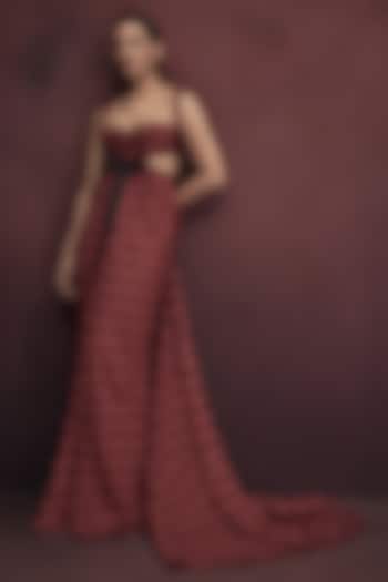 Berry Red & Black Chiffon Mermaid Draped Bridal Gown by Gauri and Nainika at Pernia's Pop Up Shop
