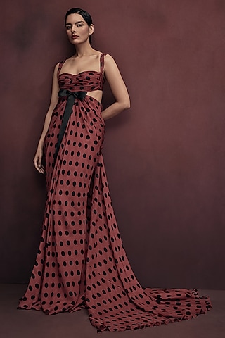 Berry Red & Black Chiffon Mermaid Draped Gown by Gauri and Nainika