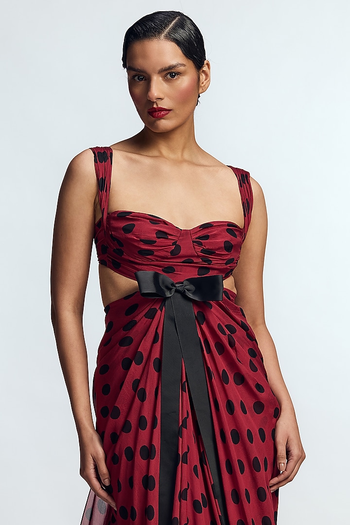 Berry Red & Black Chiffon Mermaid Draped Bridal Gown by Gauri and Nainika at Pernia's Pop Up Shop