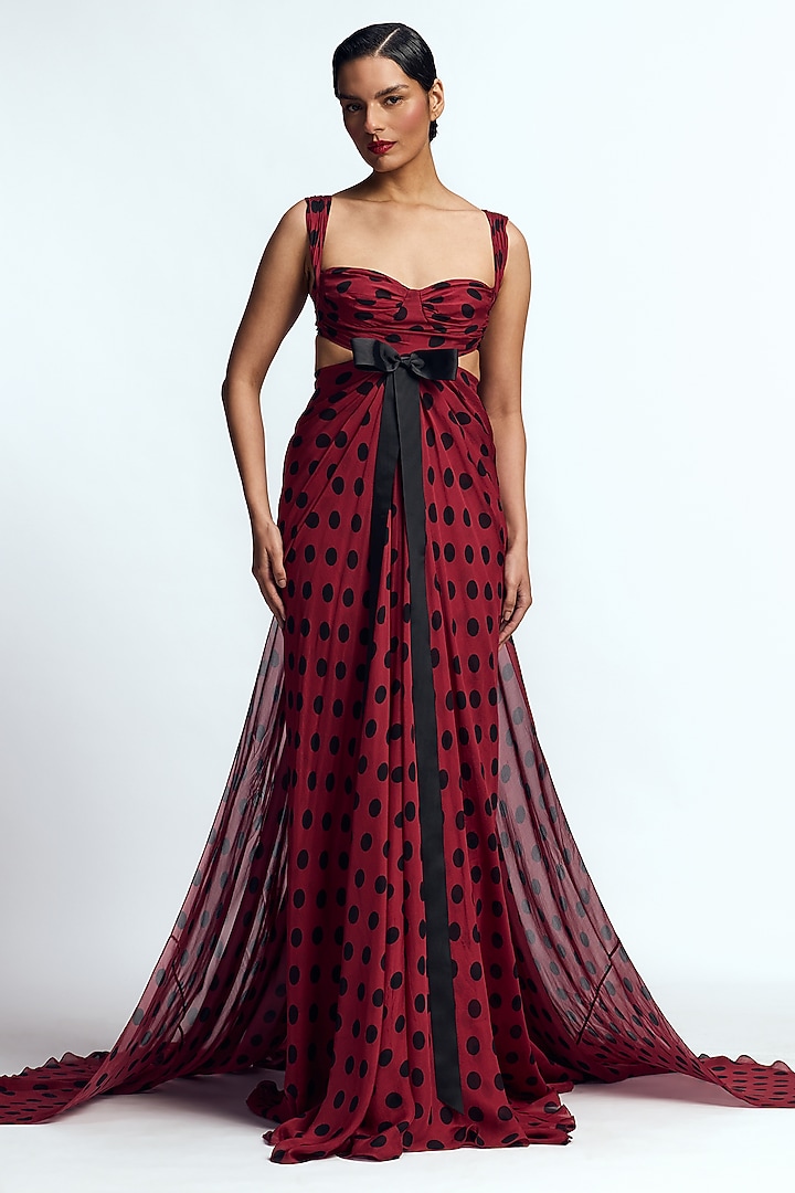 Berry Red & Black Chiffon Mermaid Draped Bridal Gown by Gauri and Nainika at Pernia's Pop Up Shop