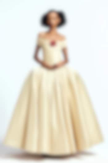 Alabaster White Dutch Satin Off-Shoulder Bridal Gown by Gauri and Nainika at Pernia's Pop Up Shop