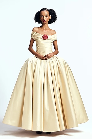 Alabaster White Dutch Satin Off-Shoulder Gown by Gauri and Nainika