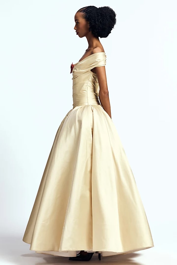 Alabaster White Dutch Satin Off-Shoulder Bridal Gown by Gauri and Nainika at Pernia's Pop Up Shop